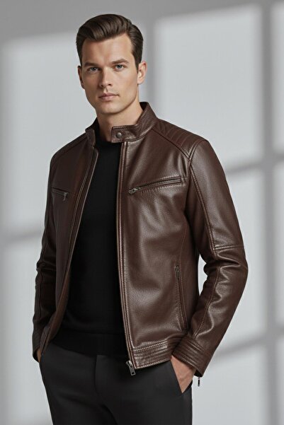 Deriderim Brown Hector Hakim Collar Zippered Lined Men's Genuine Leather Coat