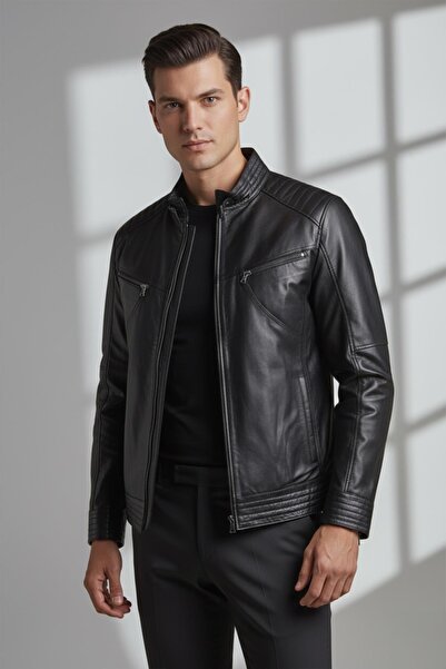 Deriderim Black Hector Hakim Collar Zippered Lined Men's Genuine Leather Coat