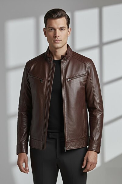 Deriderim Brown Hector Hakim Collar Zippered Lined Men's Genuine Leather Coat