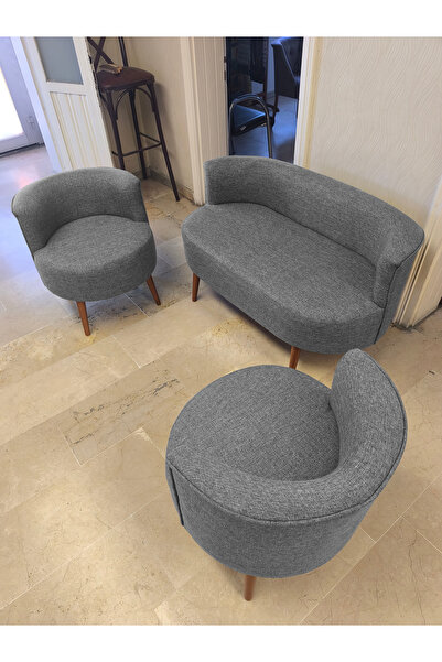 Azra Mobilya Sydney Çay Seti Koltuk Takımı Keten Kumaş 2+1+1 | Ceviz Ayak | M...