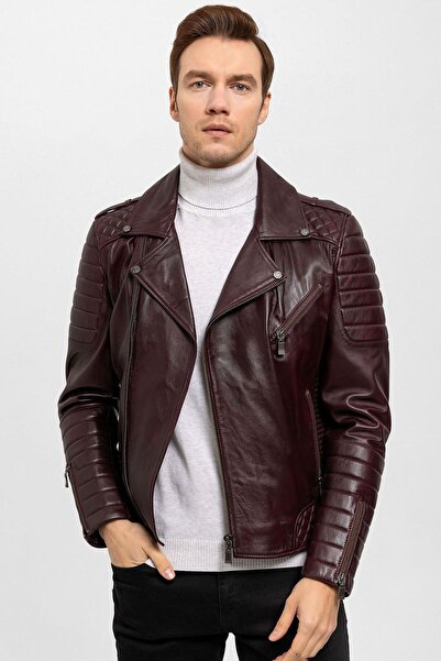 Deriderim E1001 Claret Red Biker Men's Genuine Leather Coat