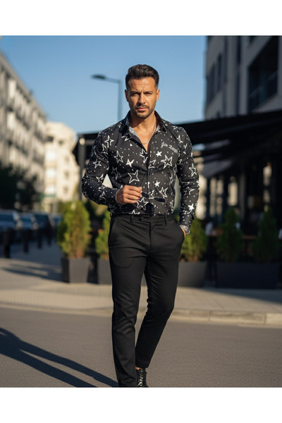 YusGos Men's Regular Fit Regular Collar Long Sleeve Easy Iron Patterned Premium Cotton Shirt Black L