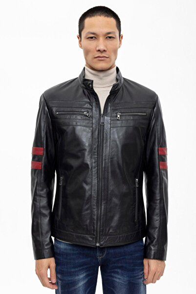 Deriderim Black Elvis Zippered Red Striped Sports Lined Men's Short Genuine Leather Coat