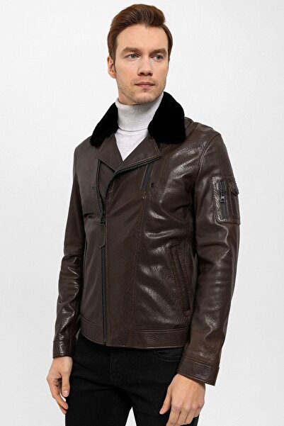 Deriderim Kahve Revolte Yaka Kürklü Erkek Hakiki Deri Mont