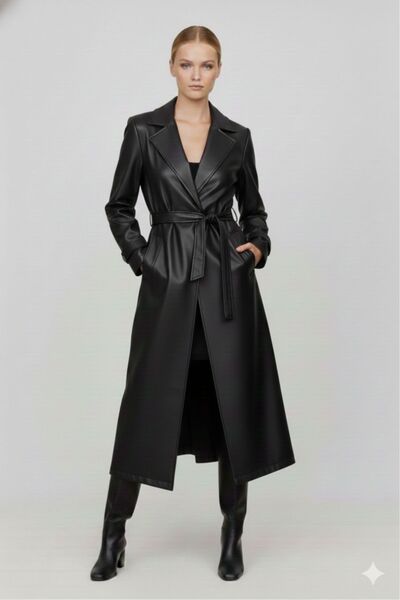 diaves Trench din piele artificială pentru femei, căptușit negru, cu centură în talie, cu epoleți