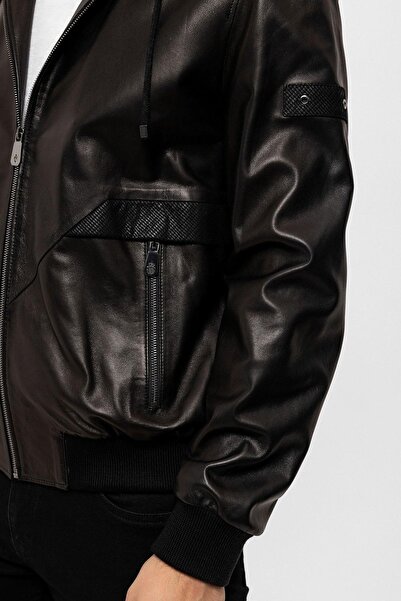 Deriderim Black Dexter Hooded Men's Genuine Leather Coat