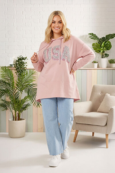 Stil Diva Plus Size Hooded Sequin Detailed Pocketless Long Sleeve Sweatshirt303002