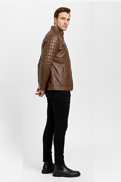 Deriderim Taba Oscar Quilted Stitched Zippered Genuine Leather Men's Coat
