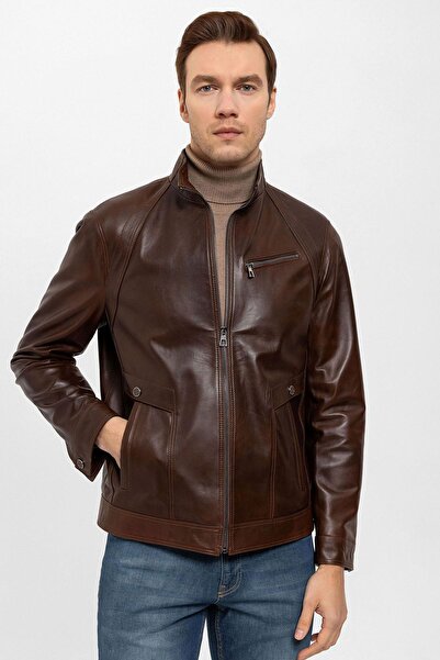 Deriderim Cognac Calvy Genuine Leather Men's Coat