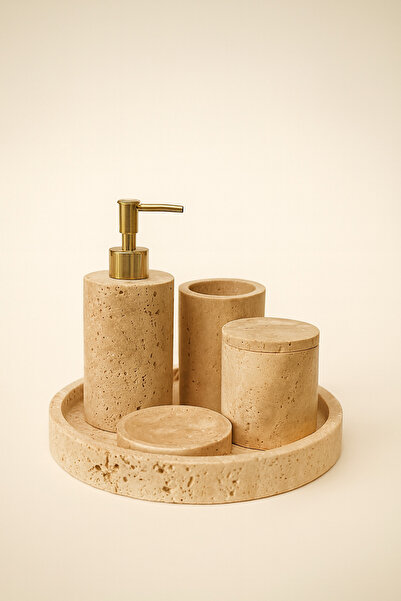 DMR HOME طقم حمام من حجر الترافرتين الطبيعي - حامل صابون سائل وحامل فرشاة أسن...