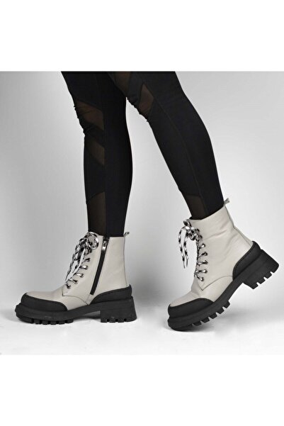 TwoEgoist Kadın Gri Hakiki Deri Kalın Tabanlı Fermuarlı Bağcıklı Postal Bot –...