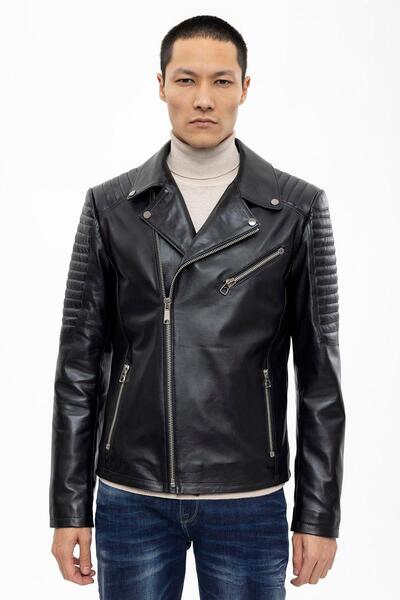 Deriderim Siyah Hardy Biker Motorcu Yandan Fermuarlı Erkek Hakiki Deri Mont
