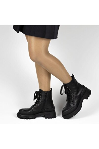 TwoEgoist Kadın Siyah Hakiki Deri Fermuarlı Kalın Tabanlı Casual Bot / Postal