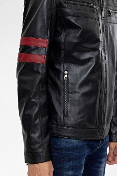 Deriderim Black Elvis Zippered Red Striped Sports Lined Men's Short Genuine Leather Coat