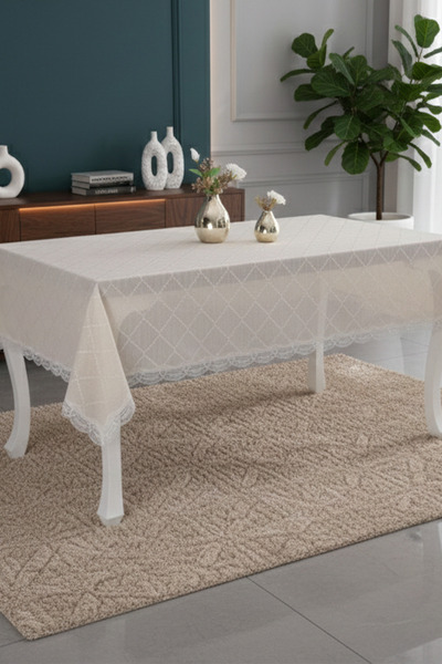 Finezza Asos Keten Polyester Jakarlı Kumaş Krem Masa Örtüsü 150x210 Cm - 1315