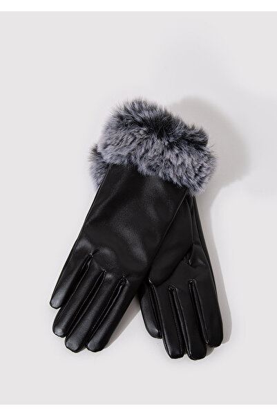 Mavi Black Faux Leather Gloves with Faux Fur Detail 1910652 -900