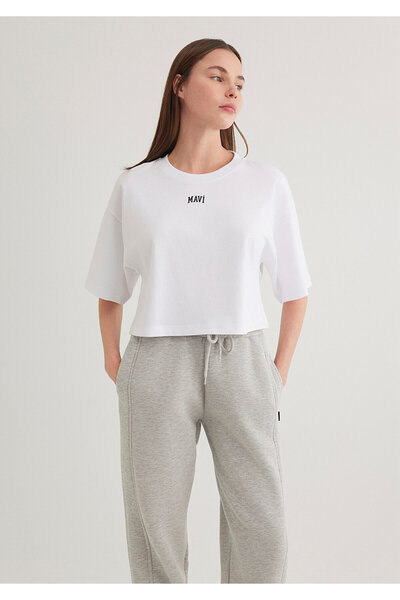 Mavi Τυπωμένο λογότυπο Λευκό T-Shirt Crop Crop / Short Cut 1611585-620