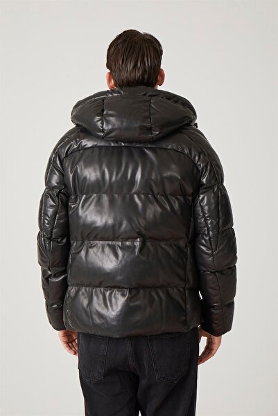 Deriderim Black Olaf Men's Hooded Lined and Fibered Zippered Warm Genuine Leather Coat