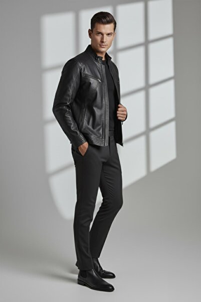 Deriderim Black Hector Hakim Collar Zippered Lined Men's Genuine Leather Coat