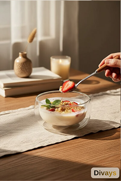 DİVAYS Isıya Dayanıklı Borosilikat Çift Cidarlı Cam Sunum Kasesi Çorba Tatlı