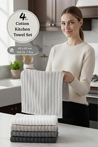 Karna Home Mutfak Havlu Şal Seti 4 lü Ramla SoftLine Çizgili Dokuma Renkli - ...