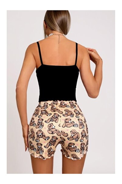 Cicişim Renkli Askılı Ayıcık Desenli Şortlu Pijama Takımı