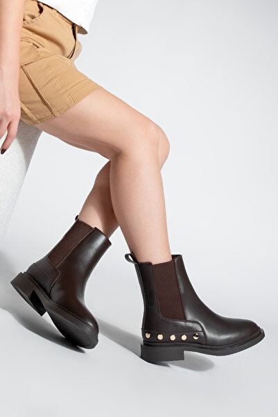 Marjin Γυναικείες μπότες με χρυσό καρφωτό σχέδιο με διπλό ελαστικό καθημερινό μποτάκι Pamer καφέ