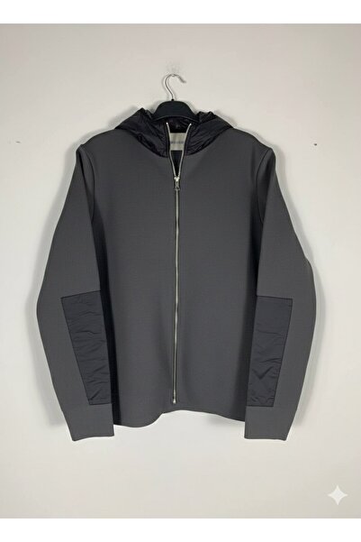 YusGos Men's Back and Arm Knitted and Arm Patched Raincoat Hooded High Quality Coat Coat Anthracite