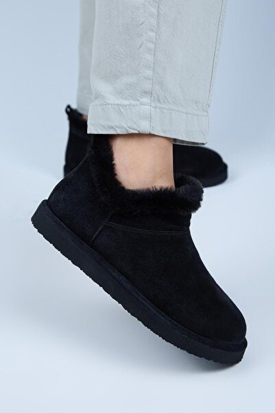 Manijero Hanni Women's Genuine Leather Sabo Sheepskin Black Slippers