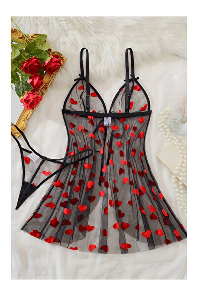 Cicişim Cămașă de noapte din tul negru cu model de inimă