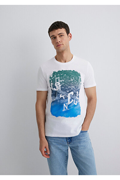 Mavi Weißes T-Shirt mit Bosporus-Istanbul-Aufdruck, normale Passform/normaler Schnitt, 067054-620