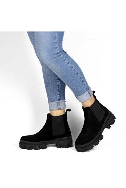 TwoEgoist حذاء تشيلسي نسائي أسود من جلد الغزال الأصلي ذو نعل سميك للاستخدام ا...