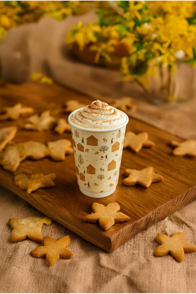 dandeliondesign Kış Temalı Kurabiye Desenli Karton Bardak 14 oz Sıcak İçecek , Çift Katlı, Dayanıklı Bardak 5 Adet