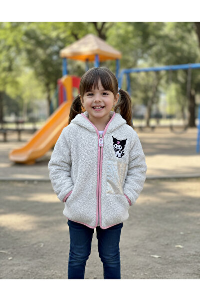 YusGos Zippered Hooded Plush Fleece Printed Girls' Coat Cream Color 4-5 Years Old