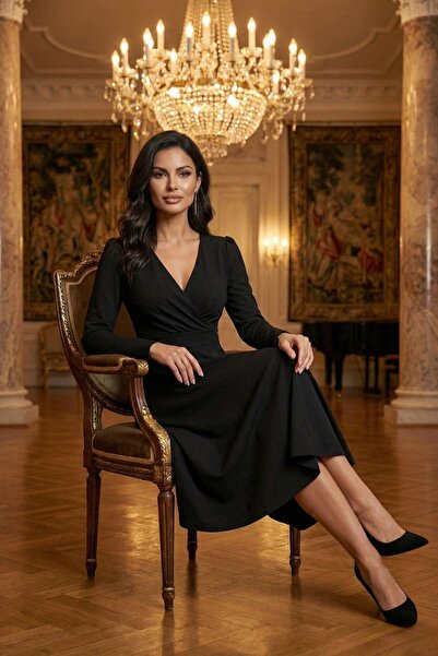 Mossta Premium Design Black Long Sleeve Midi Dress