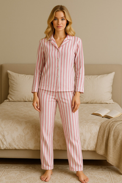 Fanwet Women's Pink Striped Bow Buttoned Cotton Pajama Set