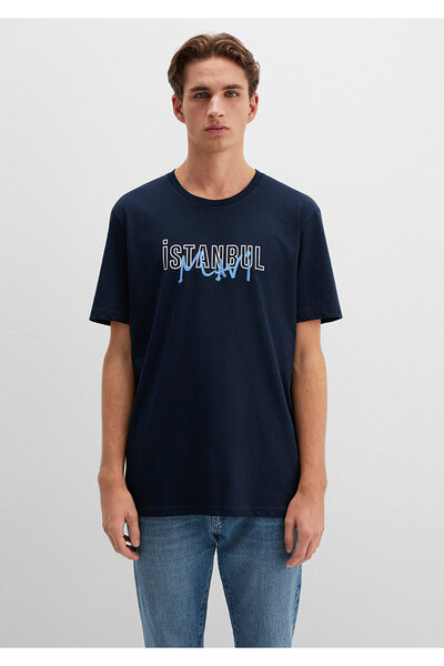 Mavi Marineblaues T-Shirt mit Istanbul-Aufdruck, reguläre Passform 067114 -34319
