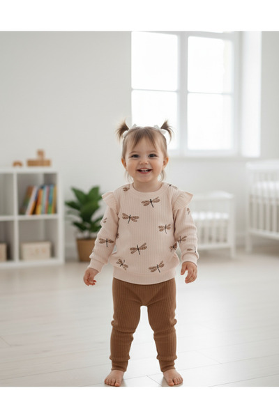 YusGos Yusufcuk Printed Flounce Sleeve Monthly Baby Girl Set Brown 0-6 Months
