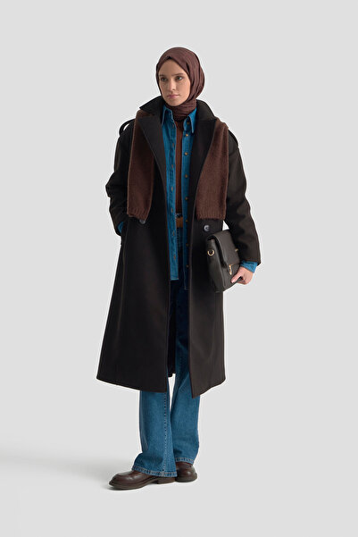 Armine Trend Buttoned Belted Shoulder Epaulettes Lined Thick Coat