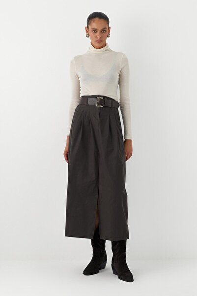 MARKALİSTE Front Slit Long Belted Skirt Anthracite