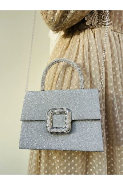 Molie Geantă de seară argintie pentru femei – Cataramă cu piatră de cristal -...