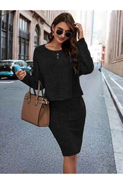 Butik Women's Long Sleeve Two Side Open Neck Detail Blouse and Skirt Hooded Camisole Double Suit