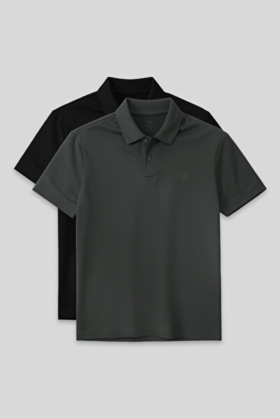 TOMMY LIFE Standard Fit Basic Polo Neck 2-Pack Black-Çağla Men's T-Shirt - 87768