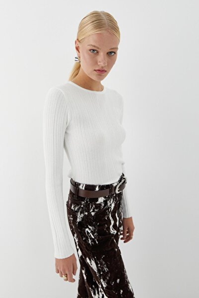 MARKALİSTE Crew Neck Ribbed Knit Sweater Ecru