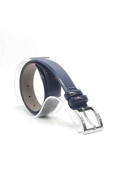 Shoes Center حزام للأولاد من الجلد اللامع - أزرق داكن، إبزيم معدني كلاسيكي