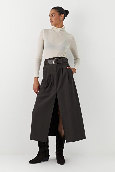 MARKALİSTE Front Slit Long Belted Skirt Anthracite