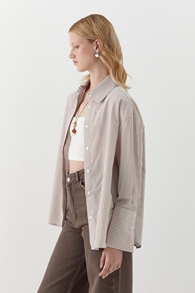 MARKALİSTE oversized Ριγέ πουκάμισο καφέ