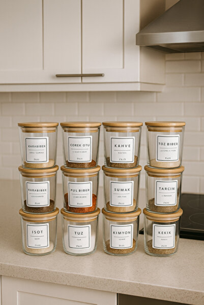 Fhilli Nova - 12-Piece Bamboo Vacuum Lid Glass Storage Container Spice Jar Set with Label Gift 350 ml