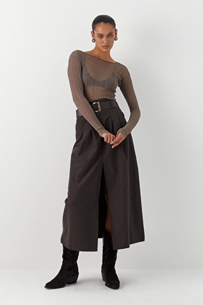 MARKALİSTE Front Slit Long Belted Skirt Anthracite