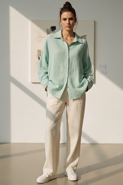 Kübra Tekstil Kadın Müslin Kumaş Mint Yeşili Uzun Kollu Düğmeli Gömlek,Su Yeşili Kadın Gömlek